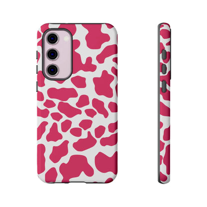 Pink and white cow print phone case cover showing the back side for cute tough cases protection