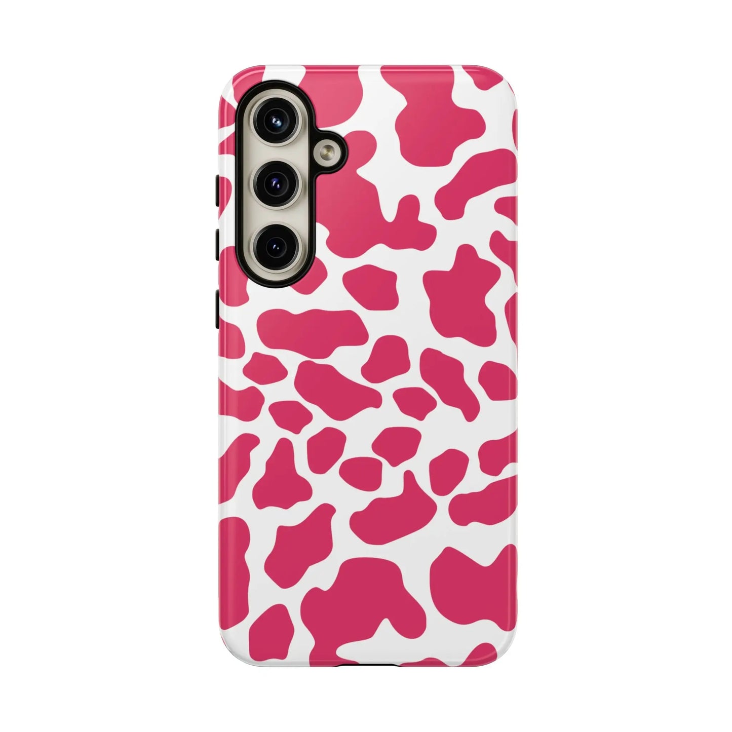 Vibrant pink cow print phone case cover with white glossy finish for cute tough cases protection back side view