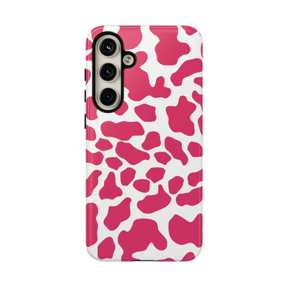 Vibrant pink cow print phone case cover with white glossy finish for cute tough cases protection back side view