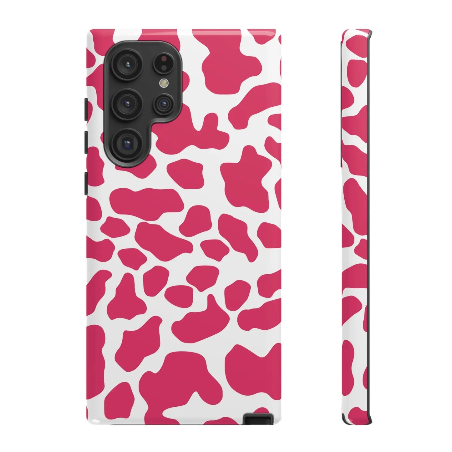 Pink and white cow print phone case back side featuring a cute tough design for durable protection