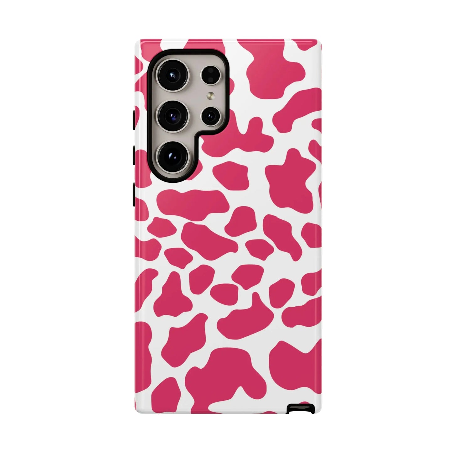 Vibrant pink cow print phone case cover for samsung galaxy s21 ultra featuring cute tough protection on back side