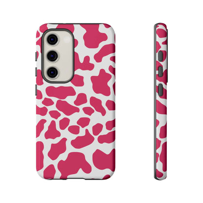 Pink and white cow print phone case back showing cute tough protection for print phone case lovers