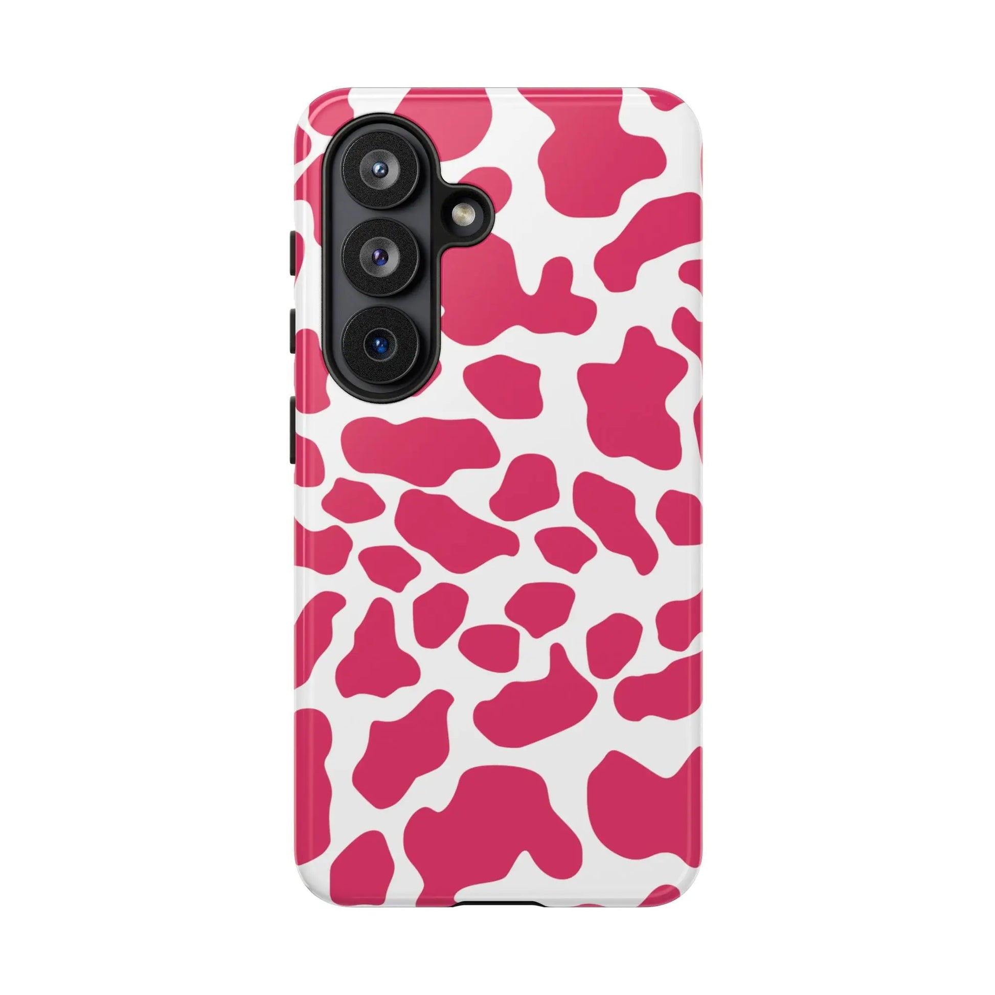 Vibrant pink cow print phone case cover with glossy finish showing back side for cute tough cases protection