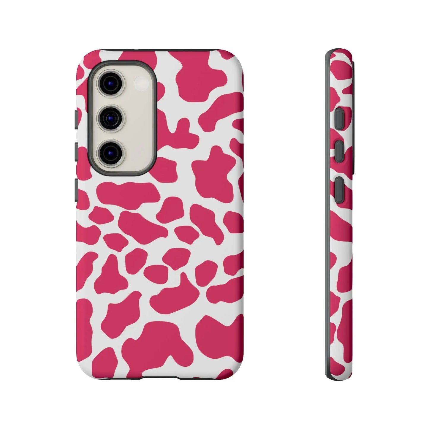 Pink cow print phone case cover in pink and white showing the back side for cute tough case protection