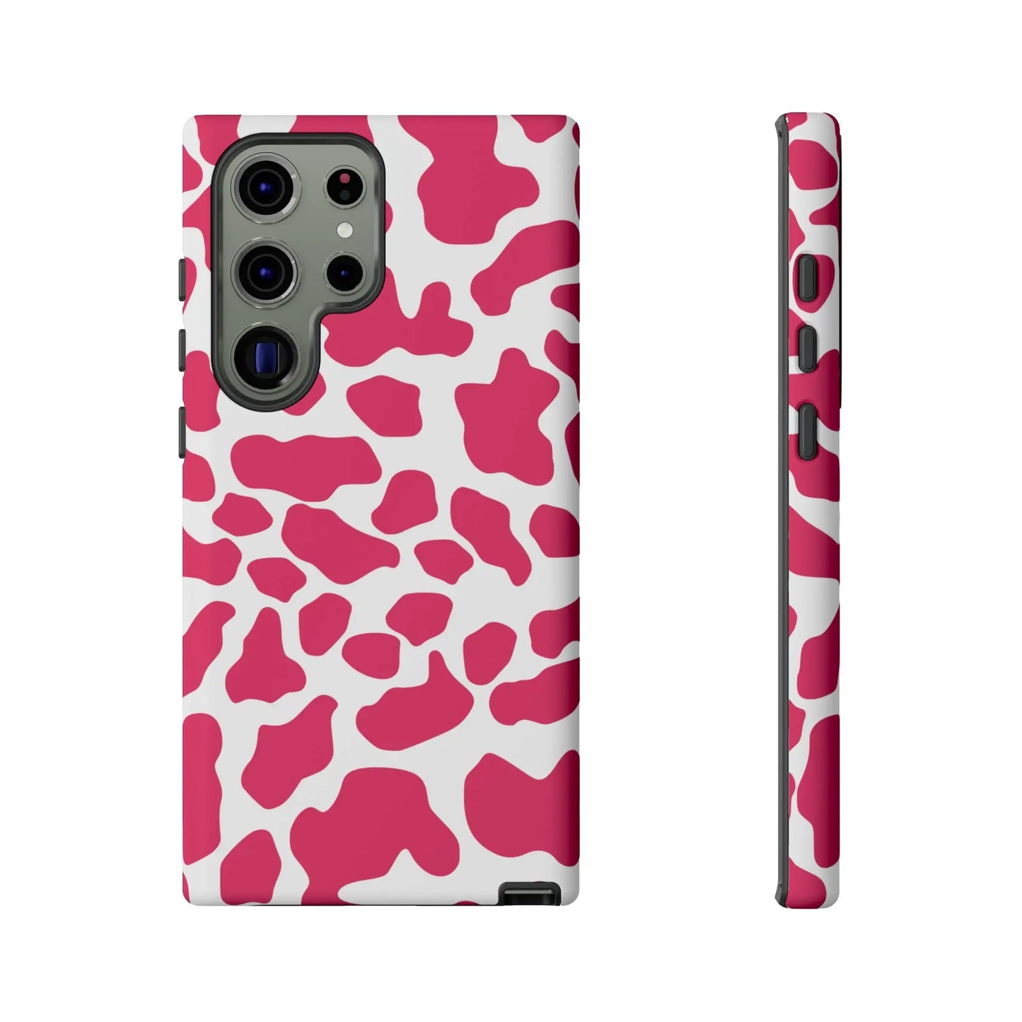 Pink and white cow print phone case cover showing the back with cute tough cases protection design