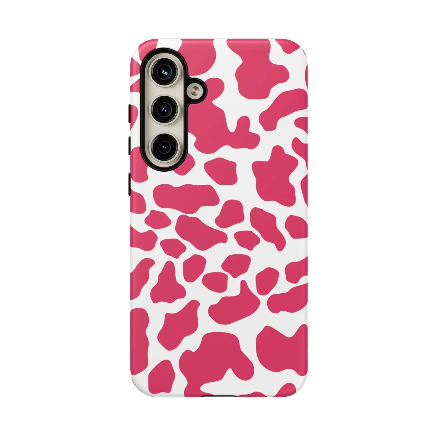 Vibrant pink cow print phone case cover with glossy finish showing back side for cute tough cases protection