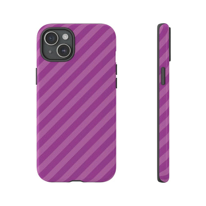 Back side of a pink diagonal phone case cover with purple stripes featuring a sleek modern protective shell design