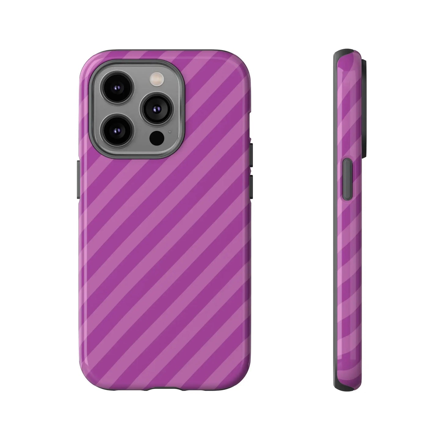Back side of a pink diagonal phone case cover with purple stripes featuring a sleek protective shell design