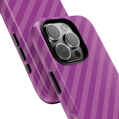 Back side of a purple striped phone case with diagonal pattern and black camera cutout as a pink diagonal phone case cover