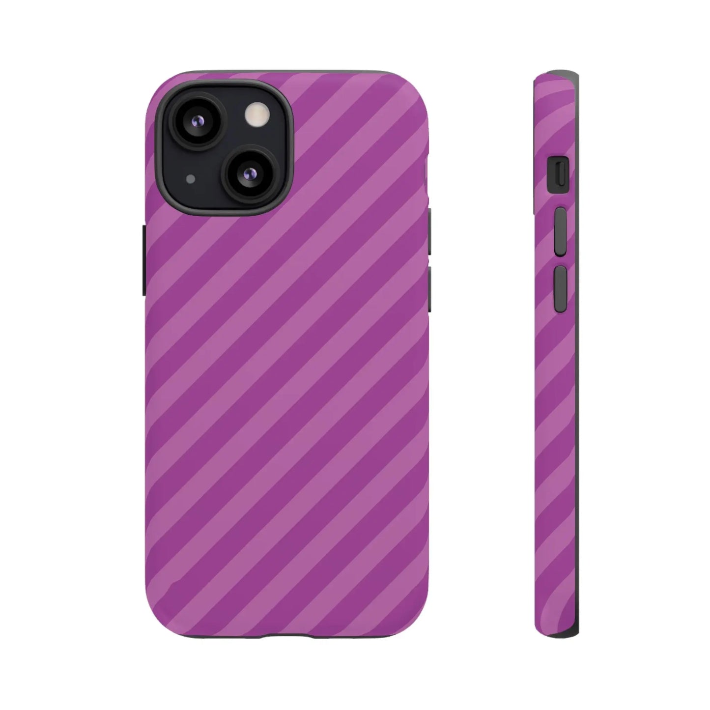Back side of a pink diagonal phone case cover with purple stripes and a matte finish protective shell accessory