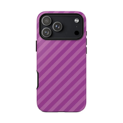 Back view of a purple diagonal phone case cover with black camera cutout for protective pink diagonal phone accessory