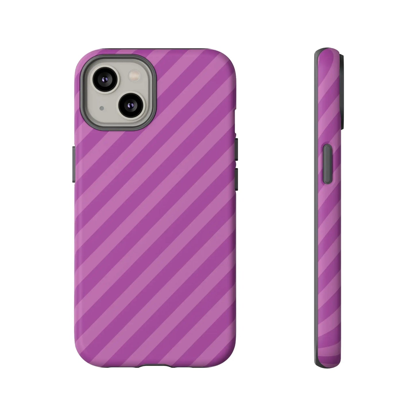 Back of a sleek purple diagonal phone case cover with modern striped design pink diagonal phone accessory