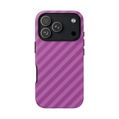 Back of a sleek purple diagonal phone case cover with stripes designed as a protective pink diagonal phone accessory
