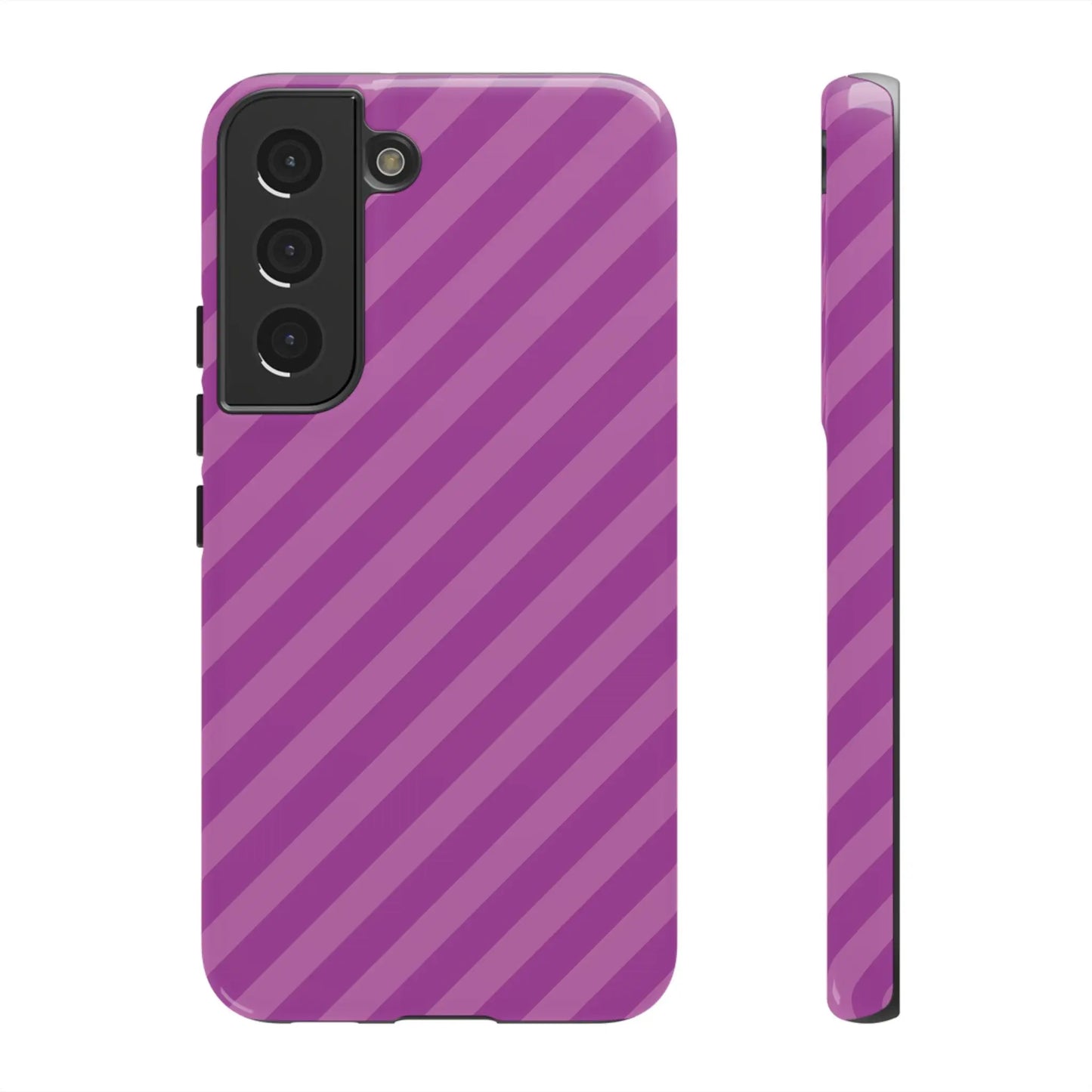 Back side of a pink diagonal phone case cover with purple glossy diagonal stripes protective shell gift accessory