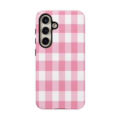 Pink gingham cute phone case cover with pink and white gingham pattern perfect for fashion lovers and gifts
