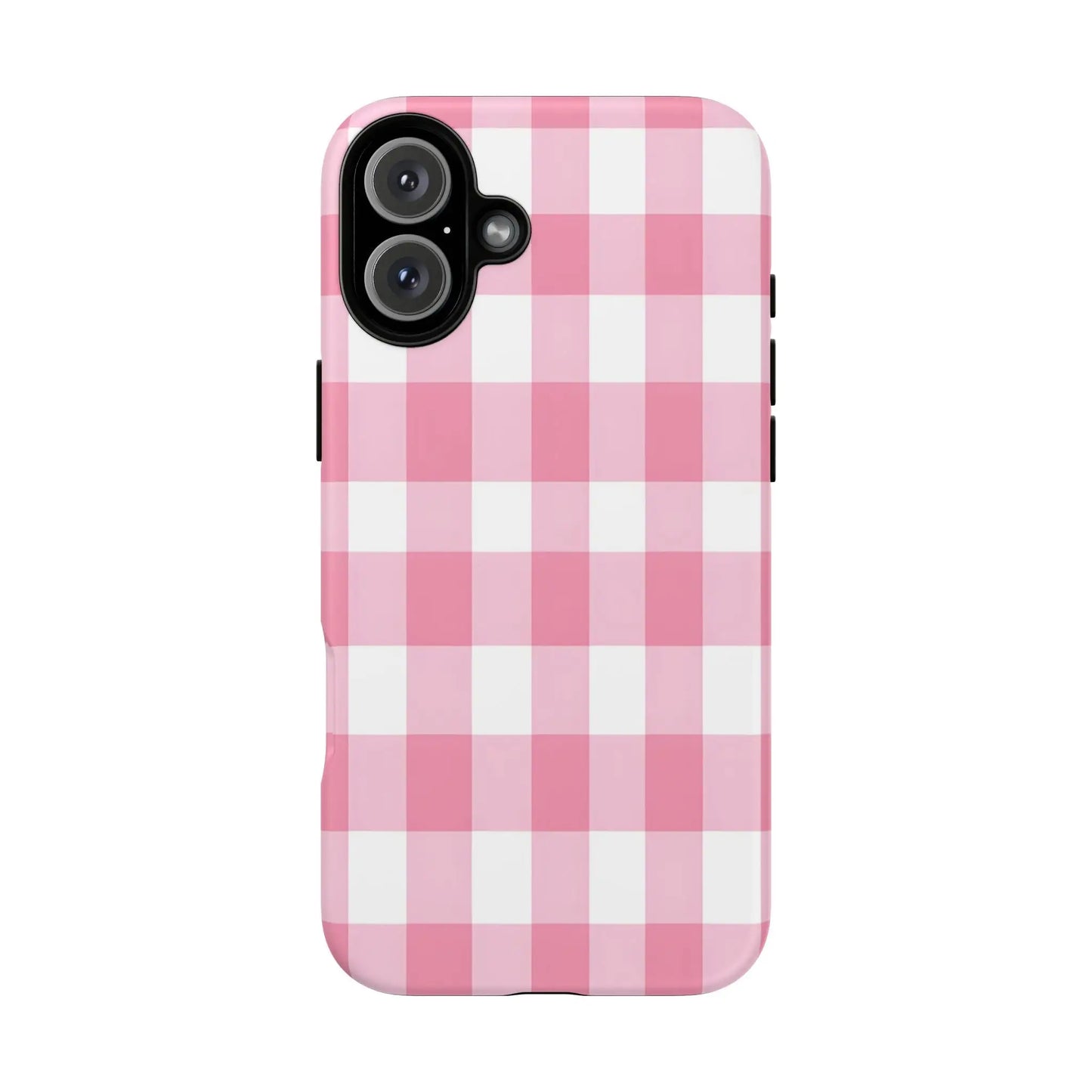 Back of pink gingham cute phone case cover with white pattern and black camera cutout perfect gift for her