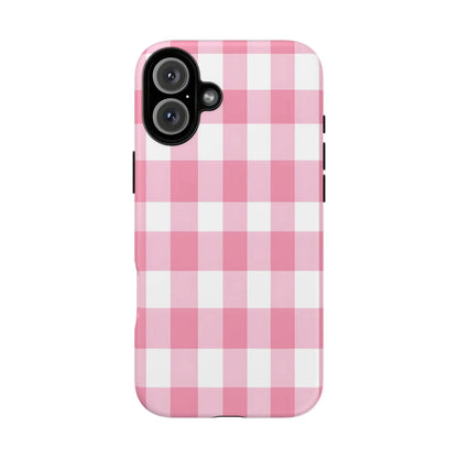 Back of pink gingham cute phone case cover with white pattern and black camera cutout perfect gift for her
