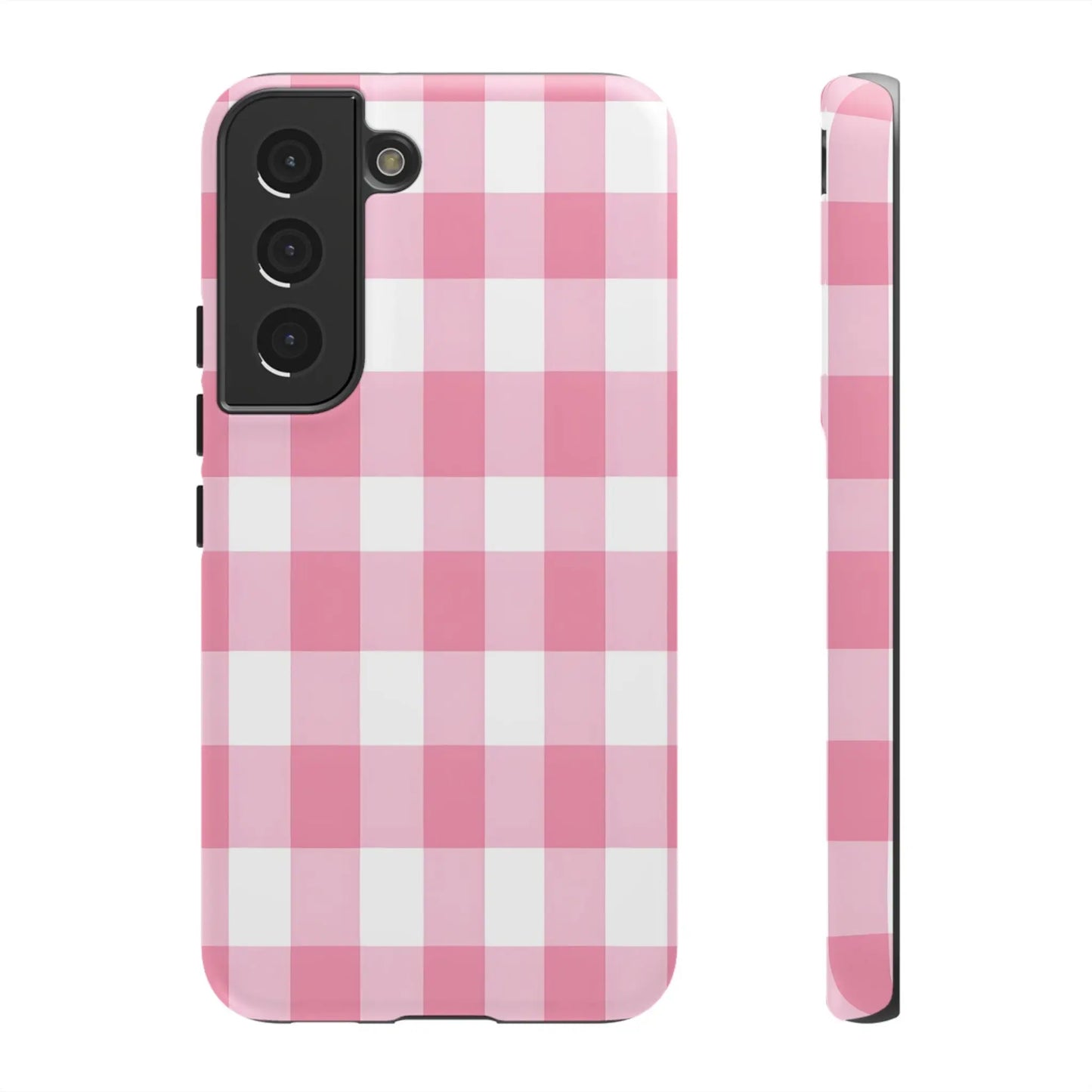 Pink gingham cute phone case cover for samsung galaxy s21 with stylish pink and white gingham pattern, perfect gift for her