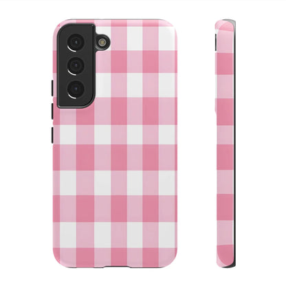 Pink gingham cute phone case cover for samsung galaxy s21 with stylish pink and white gingham pattern, perfect gift for her