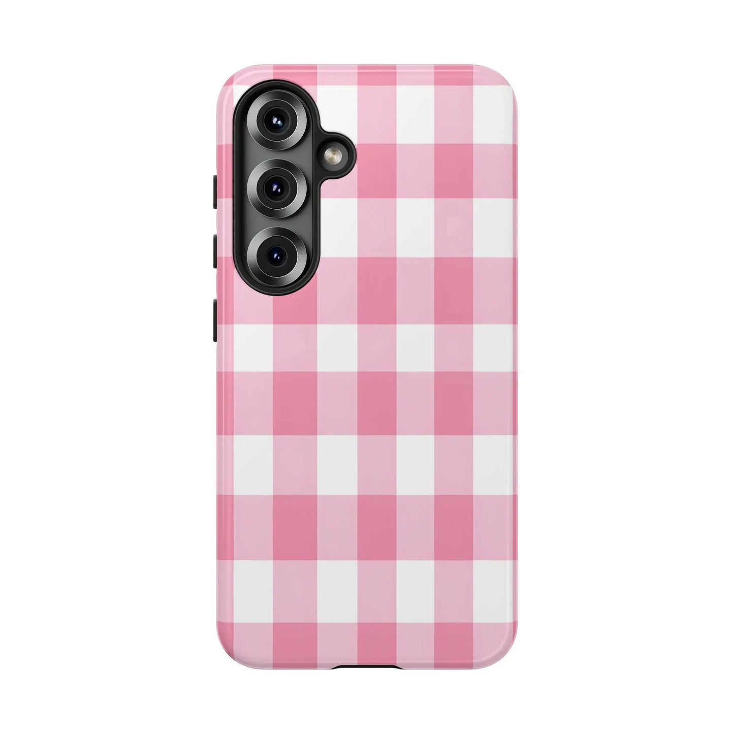 Pink gingham cute phone case cover for samsung galaxy s23 back side featuring white and pink gingham pattern perfect gift