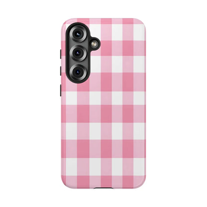 Pink gingham cute phone case cover for samsung galaxy s23 back side featuring white and pink gingham pattern perfect gift