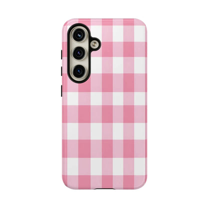 Pink gingham cute phone case cover with white checkered pattern and sleek design perfect for fashion lovers and gifts