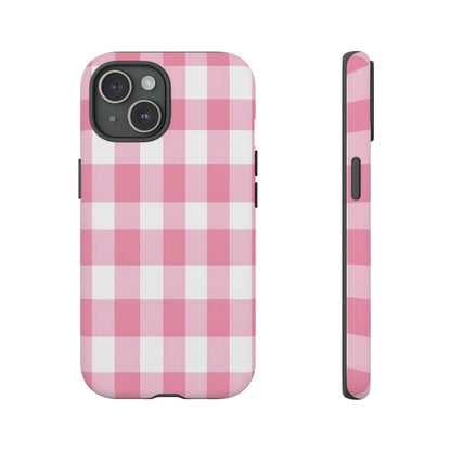 Pink gingham cute phone case cover featuring a pink and white gingham pattern perfect for stylish tech lovers