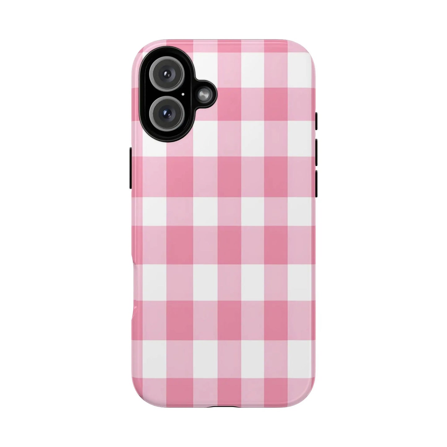 Back view of a pink gingham cute phone case cover with white check pattern and black camera cutout for stylish tech use