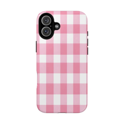 Back view of a pink gingham cute phone case cover with white check pattern and black camera cutout for stylish tech use