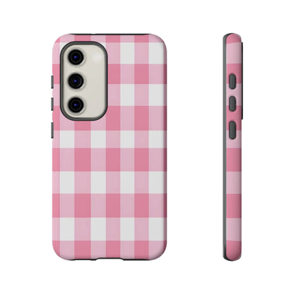 Pink gingham cute phone case cover with white gingham pattern and sleek protective design ideal for stylish tech lovers