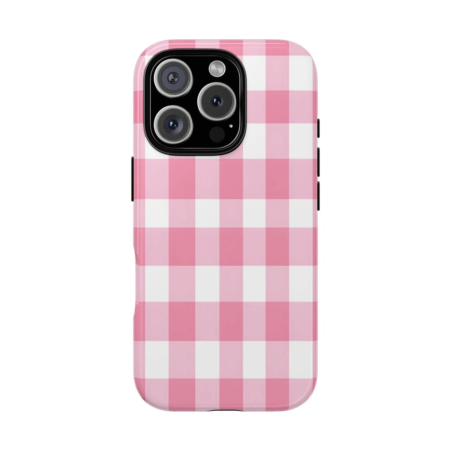 Pink gingham cute phone case cover with white gingham pattern shown from the back side perfect for fashion lovers