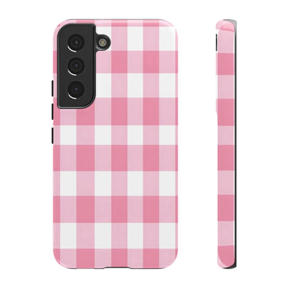 Pink and white gingham cute phone case for samsung galaxy s21 featuring a stylish back design perfect for fashion lovers