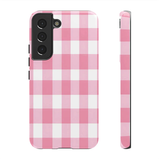 Pink and white gingham cute phone case for samsung galaxy s21 featuring a stylish back design perfect for fashion lovers
