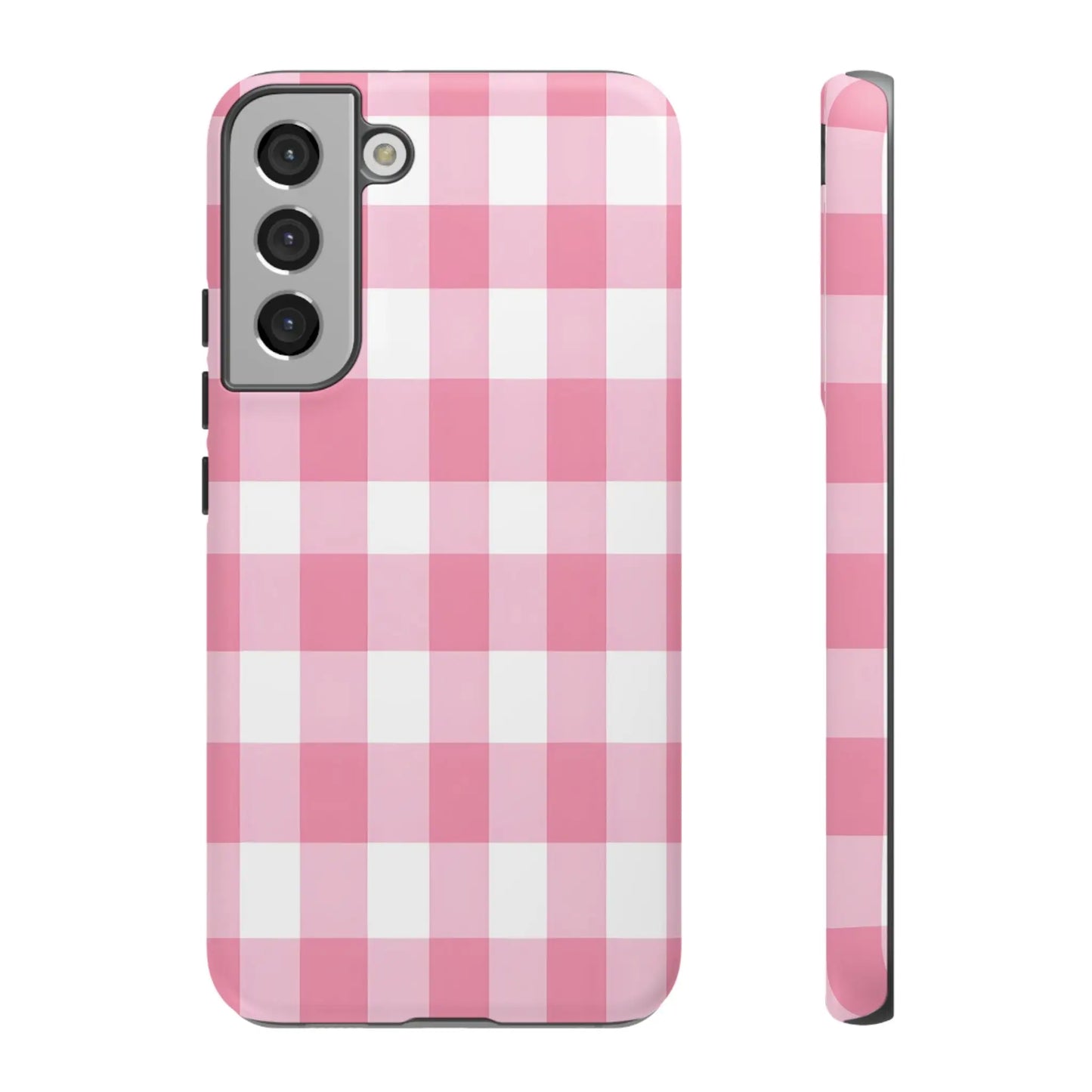 Pink gingham cute phone case cover for samsung galaxy s21 with white and pink gingham pattern, stylish tech accessory