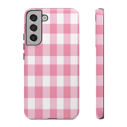 Pink gingham cute phone case cover for samsung galaxy s21 with white and pink gingham pattern, stylish tech accessory