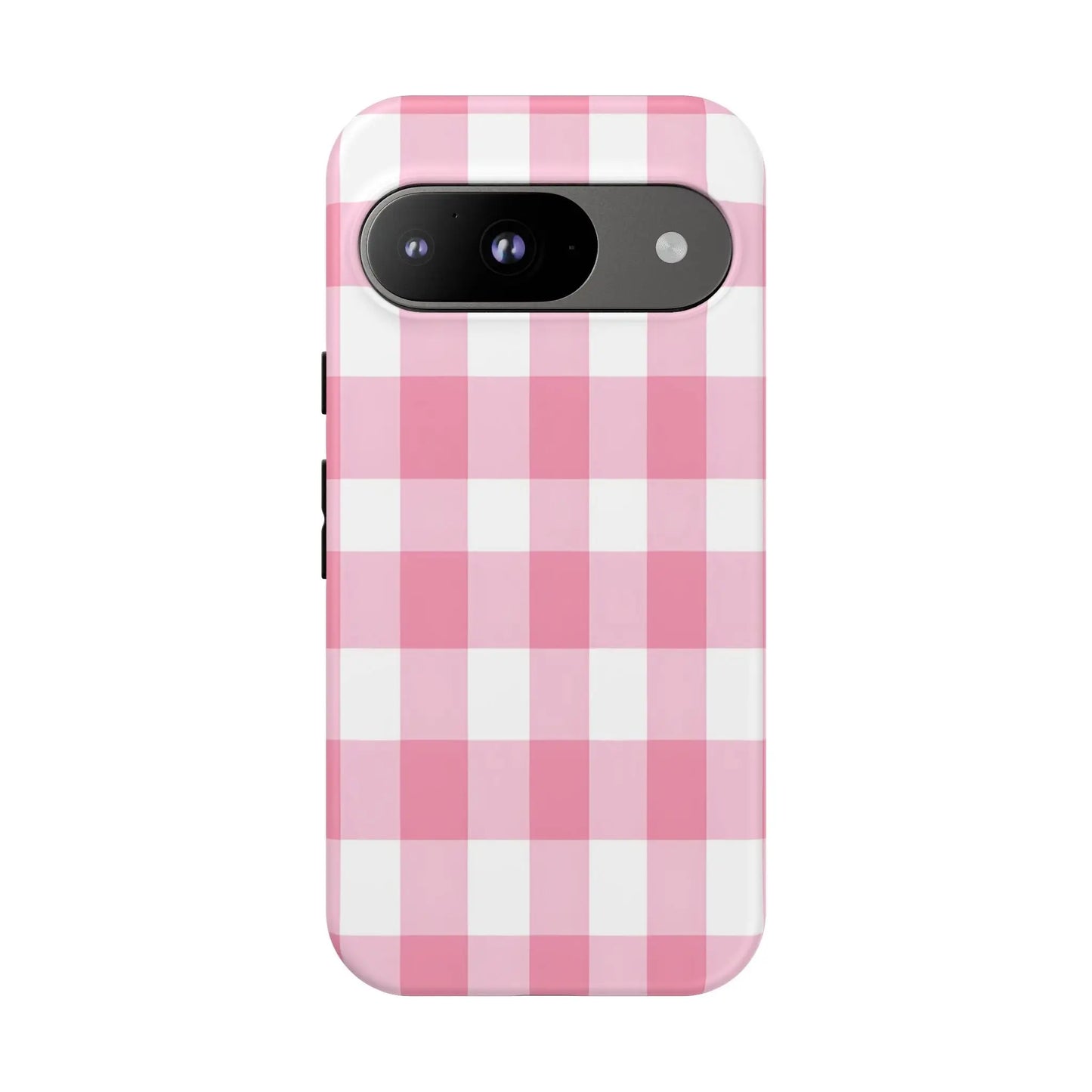 Pink gingham cute phone case cover with white checkered pattern shown from the back for stylish tech accessory use