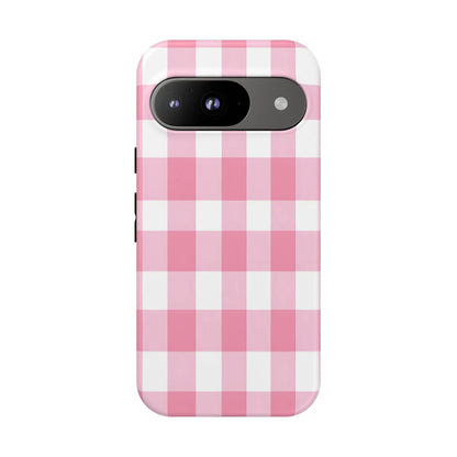Pink gingham cute phone case cover with white checkered pattern shown from the back for stylish tech accessory use