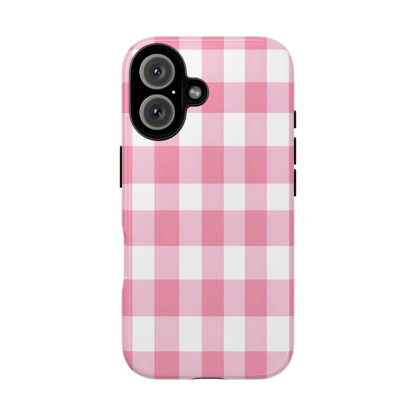 Pink gingham cute phone case cover with white checkered pattern and black camera cutout showing back side