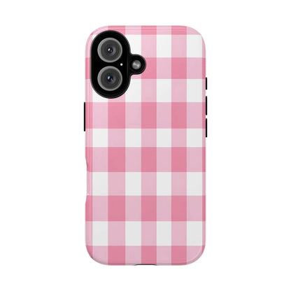 Pink gingham cute phone case cover with white checkered pattern and black camera cutout showing back side