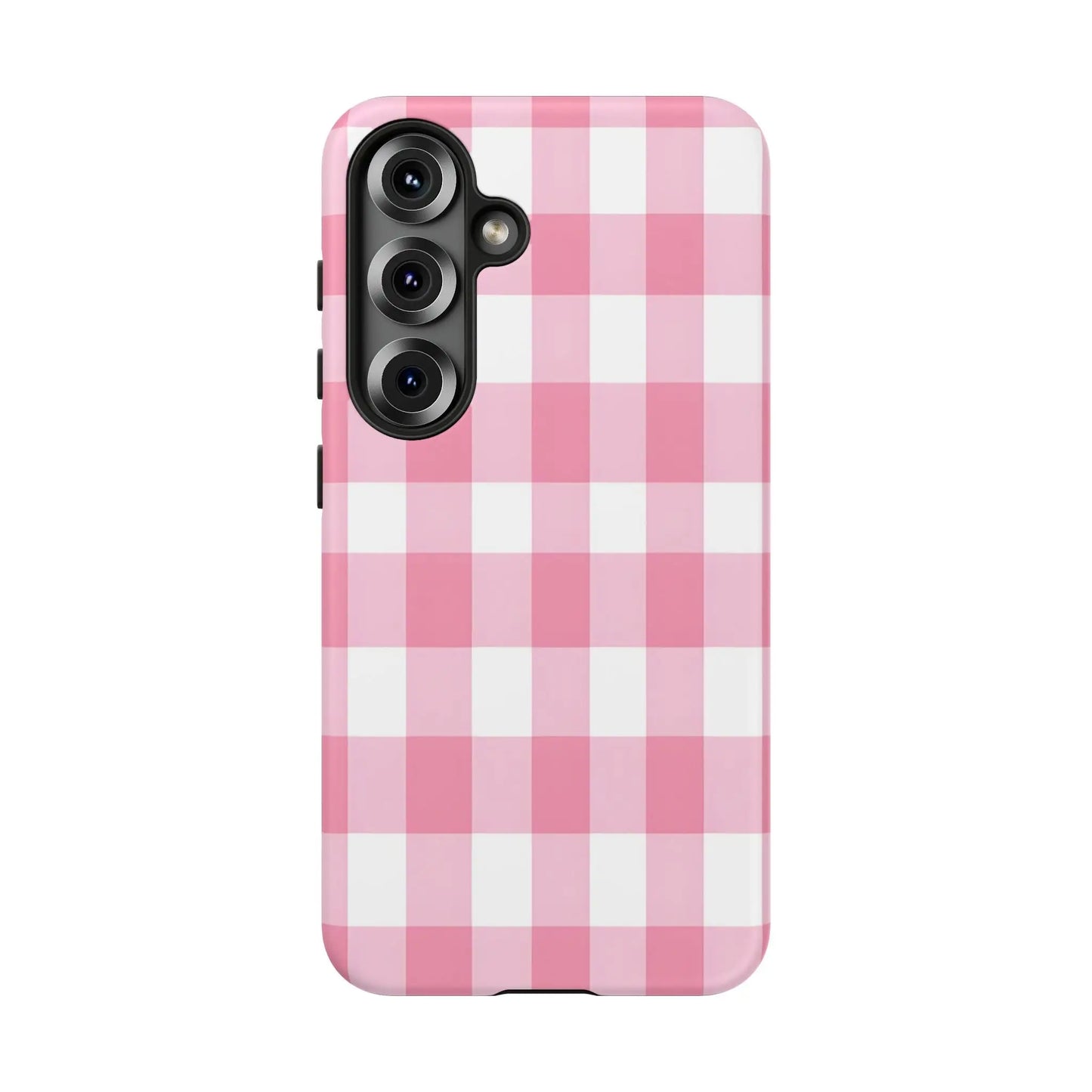 Pink gingham cute phone case cover with white gingham pattern is a stylish tech accessory perfect for gifts