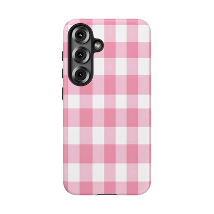 Pink gingham cute phone case cover with white gingham pattern is a stylish tech accessory perfect for gifts
