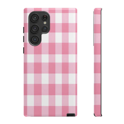 Pink gingham cute phone case cover for samsung galaxy s23 ultra with stylish gingham pattern, perfect gift for her