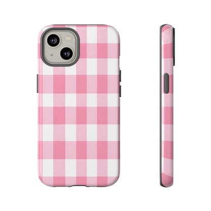 Pink gingham cute phone case cover with white gingham pattern on back side stylish tech accessory gift for her