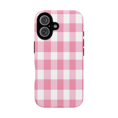 Pink gingham cute phone case cover for iphone 14 pro with pink and white gingham pattern perfect for gifts and fashion lovers