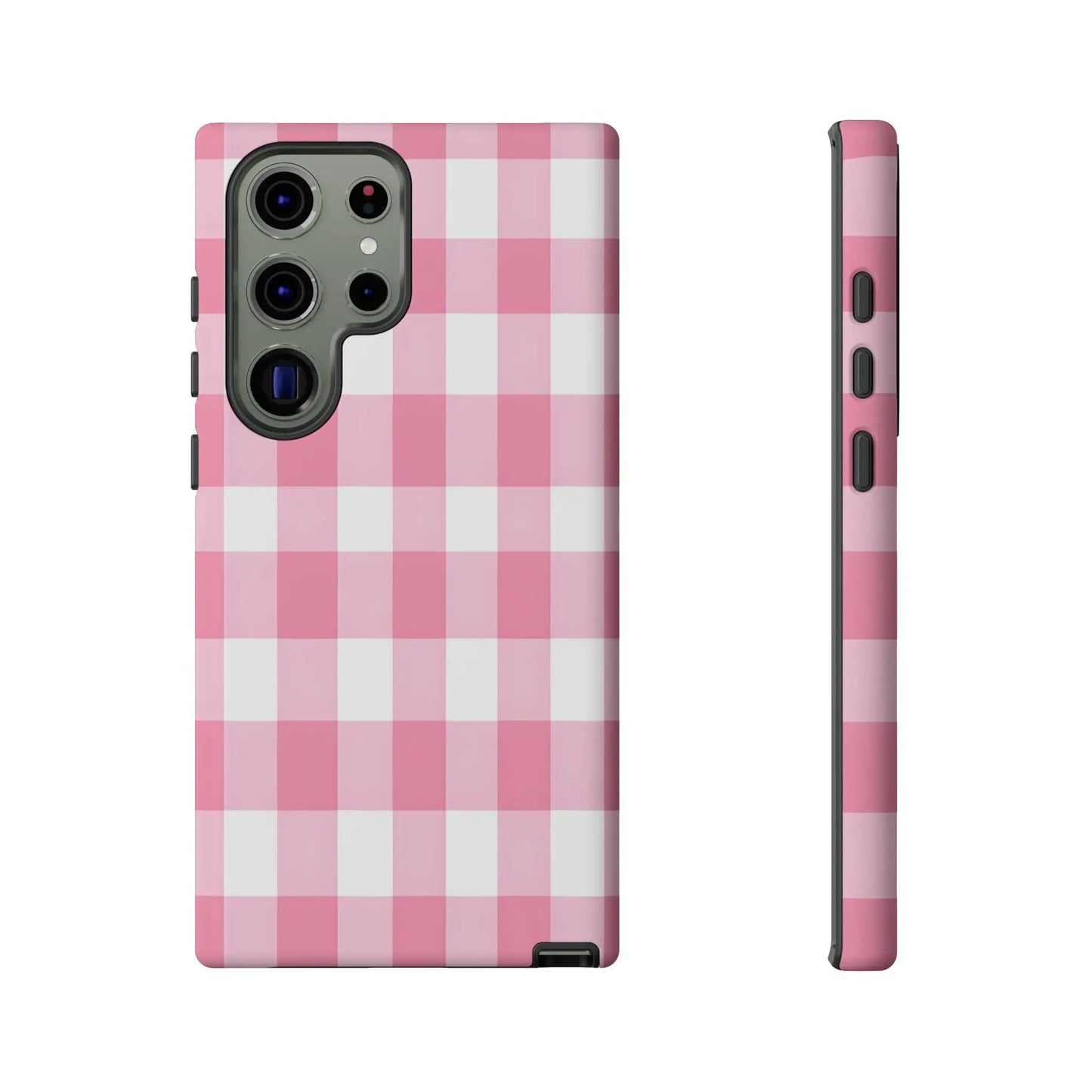 Pink gingham cute phone case cover for samsung galaxy s23 ultra with a stylish white and pink gingham pattern back side