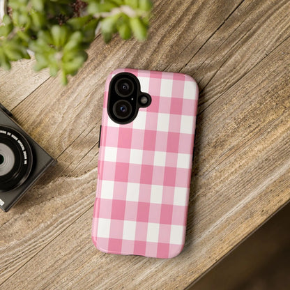 Pink gingham cute phone case cover with pink and white gingham pattern perfect for fashion lovers and gifts