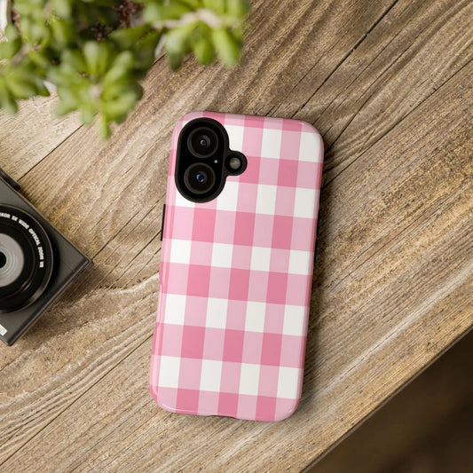 Pink gingham cute phone case cover with pink and white gingham pattern perfect for fashion lovers and gifts