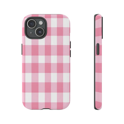 Pink gingham cute phone case with sleek protective design featuring a white checkered pattern ideal for gifts and fashion lovers