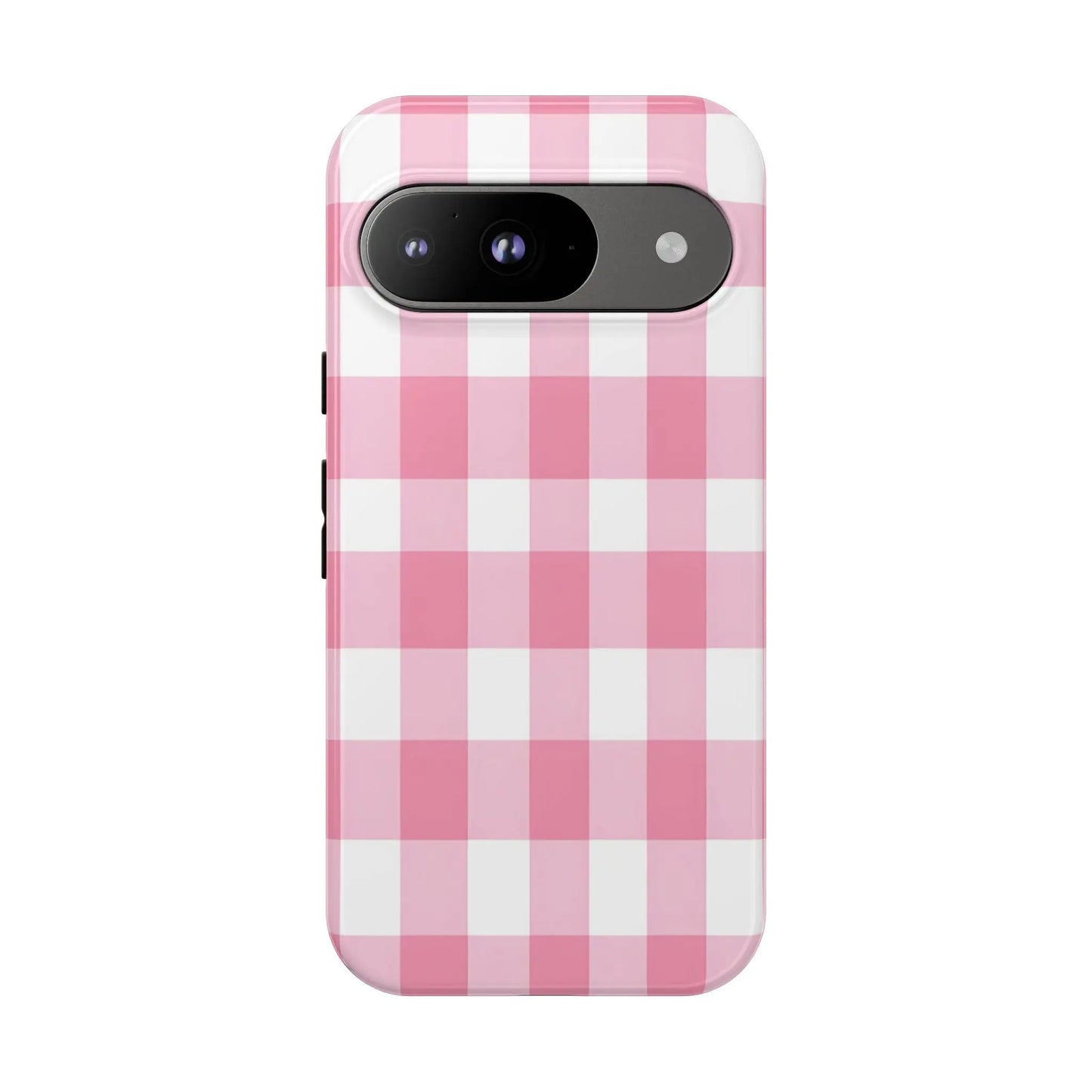Pink gingham cute phone case cover with white checkered pattern on the back perfect for stylish tech accessory gift