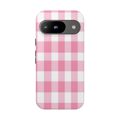 Pink gingham cute phone case cover with white checkered pattern on the back perfect for stylish tech accessory gift